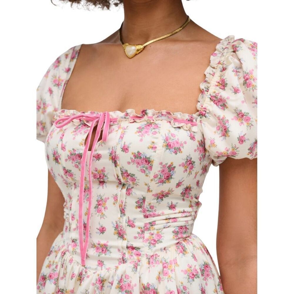For Love & Lemons Etienne Mini Dress Medium Floral Coquette Corset Puff NWT - Picture 2 of 9
